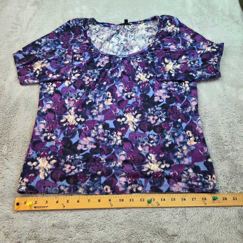 Talbots Floral Knit Top Womens L 3/4 Sleeve Scoop Neck Stretch Pullover Purple